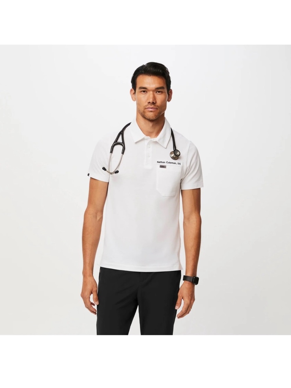 Figs Medical Nurse Mens Tech White Short Sleeve Pique Scrub Polo Shirt Small - Picture 3 of 3